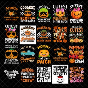 May include: A collection of twenty digital graphic designs featuring various pumpkin illustrations, autumn-themed motifs, and text phrases such as Coolest Pumpkin in the Patch, Pumpkin Patch Crew, and Cutest Pumpkin in the Patch in orange, black, and white.
