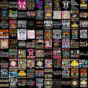 May include: A collection of colorful graphic designs for second grade students, featuring phrases like "Second Grade Team," "Hello Summer," and "Peace Out." The designs are on a black background.