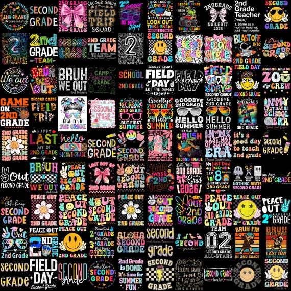90 Second Grade PNG Bundle, 2nd Grade Teacher Designs, Field Day Last Day School Sublimation, Peace Out Second Grade Digital Download