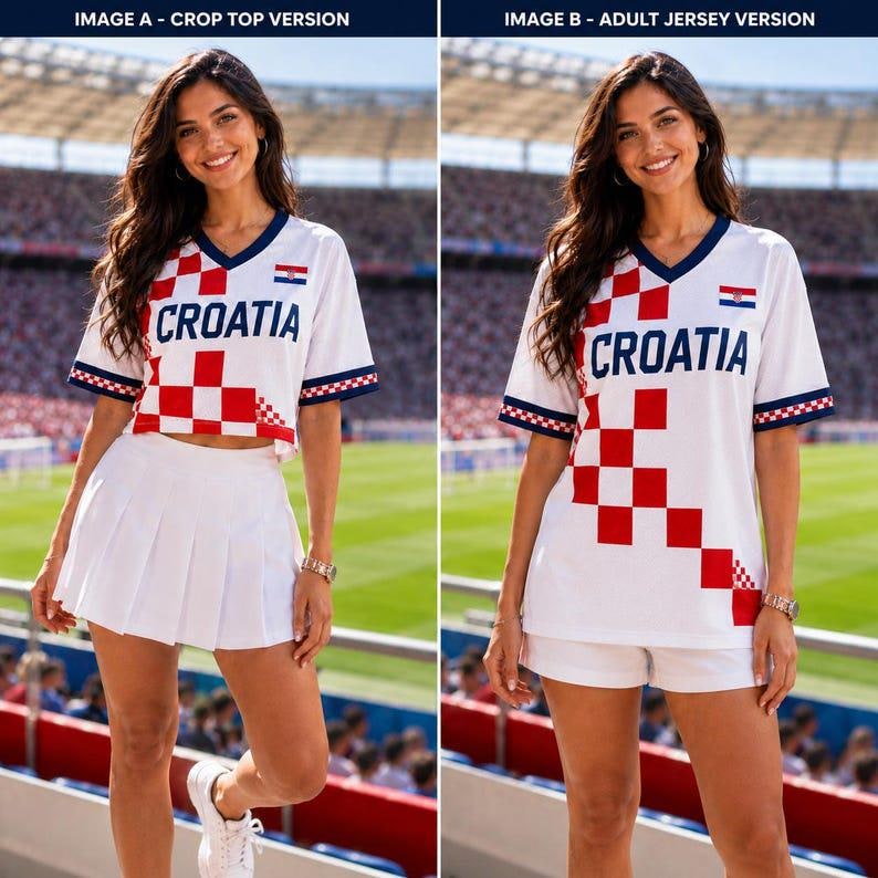 May include: Two white Croatia jerseys with red checkered patterns and blue V-neck collars. Image A shows a cropped jersey with a white pleated skirt. Image B shows a standard-length jersey with white shorts. Both feature the text CROATIA.