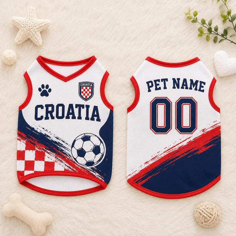 May include: A white, red, and blue sleeveless pet jersey featuring a Croatia soccer theme. The front displays a paw print, a shield emblem, the word CROATIA, and a soccer ball. The back shows the text PET NAME above the number 00.