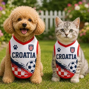 Personalized Croatia Print Mesh Pet Jersey, Custom Dog Cat Soccer Shirt, Name Number Football Outfit for Pets image 1