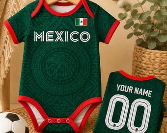 Body personalizado para bebé mexicano, conjunto de fútbol para bebé con nombre personalizado, regalo para aficionados al fútbol mexicano, body deportivo para recién nacido