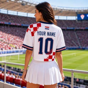 May include: A white cropped jersey featuring a red and white checkered pattern on the shoulder and sleeve, with the text YOUR NAME and the number 10 in dark blue. A small Croatian flag is printed on the back, paired with a white pleated skirt.