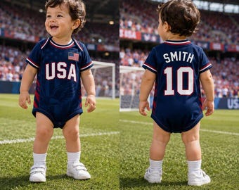 Personalized USA Baby Bodysuit, Custom Name Soccer Baby Outfit, USA Football Fan Gift, American Sports Jersey Newborn Onesie