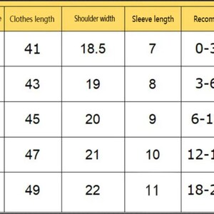 May include: A sizing chart table with five rows and five columns. The headers are Chest circumference, Clothes length, Shoulder width, Sleeve length, and Recommended age. The table lists measurements for infants from 0-3 months to 18-24 months.