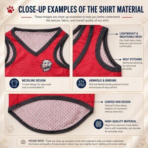 May include: A red mesh pet shirt featuring a V-neck design, dark grey binding, and a small dog head graphic. The image includes text labels detailing features like lightweight breathable mesh, neat stitching, and a curved hem design for movement.