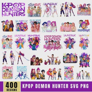 Peut inclure: Une collection de designs numériques avec des illustrations sur le thème de la K-Pop. Les designs présentent divers groupes et personnages, avec le texte "K-POP DEMON HUNTERS", "SAJA BOYS" et "HUNTRAX". L'image indique également "400 DESIGNS".
