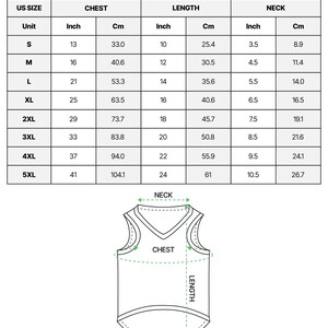 May include: A sizing chart for an all-over print mesh pet jersey. The chart includes US sizes from S to 5XL with corresponding chest, length, and neck measurements in inches and centimeters. A line drawing shows where to measure the pet jersey.