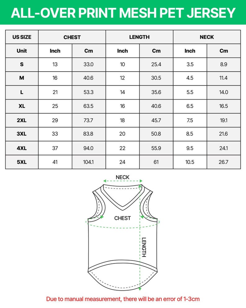 May include: A sizing chart for an all-over print mesh pet jersey. The chart includes US sizes from S to 5XL with corresponding chest, length, and neck measurements in inches and centimeters. A line drawing shows where to measure the pet jersey.