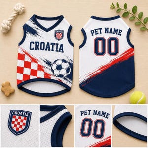May include: A white mesh pet jersey featuring a red and white checkered pattern, a soccer ball graphic, and the text Croatia. The back displays the text Pet Name above the number 00 in dark blue and red. The sleeveless shirt has dark blue trim.