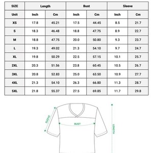 May include: A size chart for an all-over print crop top football jersey. The table lists sizes from XS to 5XL with corresponding length, bust, and sleeve measurements in inches and centimeters. A line drawing shows where these measurements are taken.