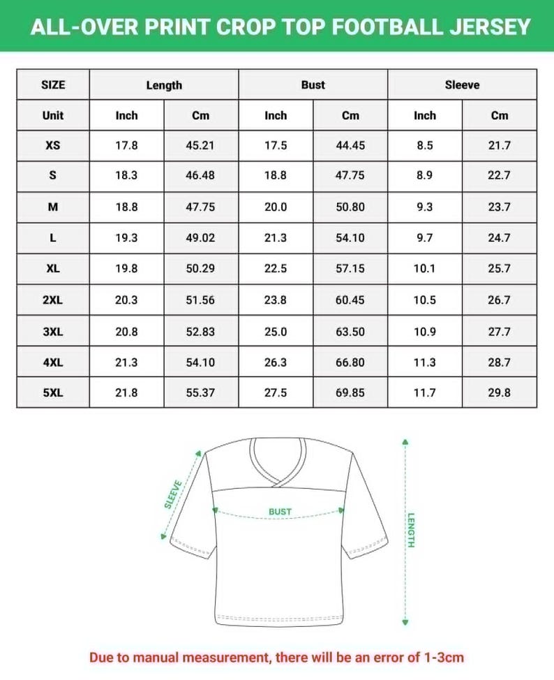 May include: A size chart for an all-over print crop top football jersey. The table lists sizes from XS to 5XL with corresponding length, bust, and sleeve measurements in inches and centimeters. A line drawing shows where these measurements are taken.