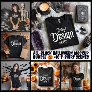 Peut inclure: Plusieurs t-shirts noirs avec l'inscription blanche "Your Design Here", présentés dans des maquettes sur le thème d'Halloween. L'image comprend des citrouilles, des bougies et des éléments décoratifs, avec le texte "ALL-BLACK HALLOWEEN MOCKUP BUNDLE x10 T-SHIRT SCENES".