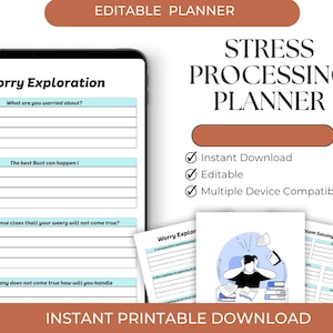 May include: A digital stress processing planner with the text "Stress Processing Planner" and "Instant Printable Download". The planner includes sections for worry exploration and problem-solving, and is editable.