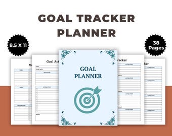 Puede incluir: Un planificador de seguimiento de objetivos con una cubierta azul claro con un gráfico de diana. El planificador mide 21,6 x 27,9 cm y contiene 38 páginas. La portada dice "Goal Planner".