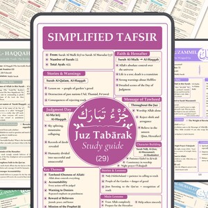May include: A rectangular educational study guide titled Simplified Tafsir Juz Tabarak (29) featuring a purple and white color scheme. The document contains organized sections on faith, stories, warnings, judgment day, and key themes in English.