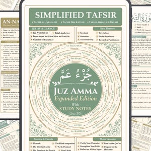 May include: A digital tablet displaying a Simplified Tafsir educational guide for Juz Amma. The screen features a sage green and cream color scheme with circular diagrams, text labels for Surahs, key themes, and study notes in English and Arabic.