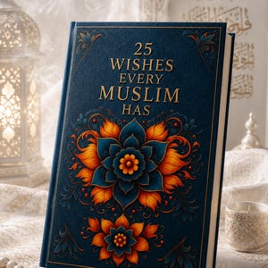 以下が含まれることがあります： 金色の文字で「25 WISHES EVERY MUSLIM HAS」と記された濃紺のハードカバー本。表紙には、オレンジ、赤、青の色合いで描かれた鮮やかで対称的な花のデザインが施されており、縁には複雑な金色の装飾が施されています。