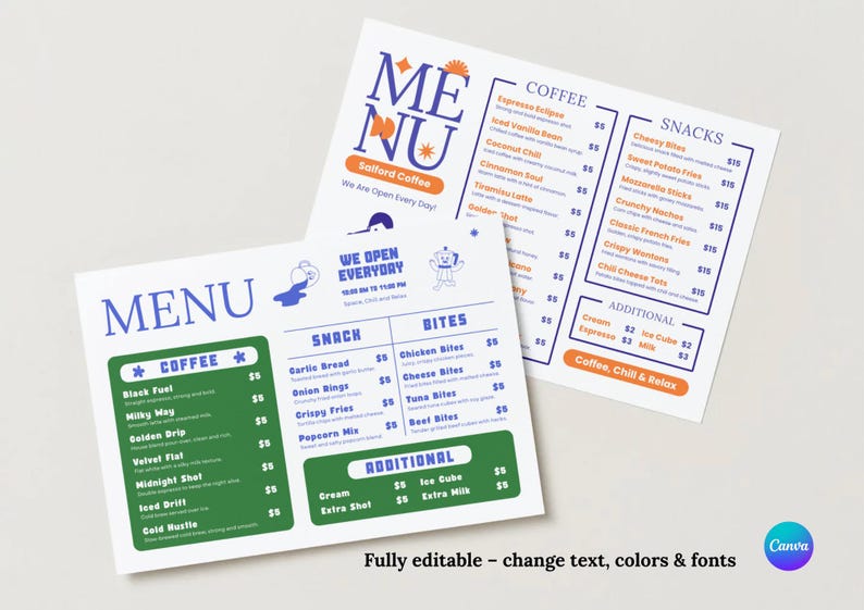 Menu Full Color Editable Cafe Menu Template: Modern Restaurant Design (canva, A4 ...
