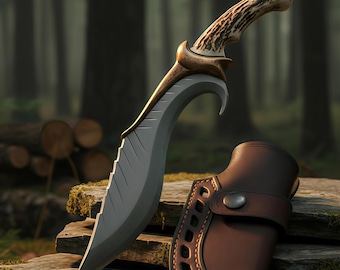 Cuchillo utilitario para exteriores hecho a mano con mango de asta de ciervo, ideal para senderismo.