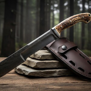 May include: A large, Damascus steel knife with a textured blade and a handle made of bone and wood. The knife rests on a stack of stones next to a brown leather sheath. The background is a blurred forest scene.