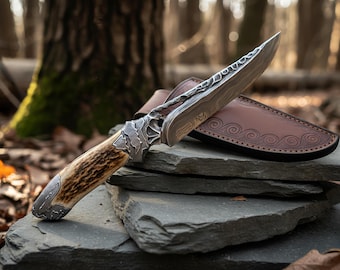 Handmade Damascus Bowie Knife with Stag Handle | Full Tang Hunting & Outdoor Knives