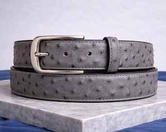 Cinturón de piel de avestruz de lujo, hecho a mano, gris, para hombre, cinturón de vestir exclusivo, regalo para él.