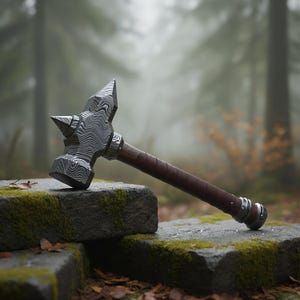 Puede incluir: Un martillo de guerra de acero con una cabeza estampada y un mango envuelto en cuero marrón. Descansa sobre una piedra cubierta de musgo en un entorno forestal, con un fondo borroso de árboles y niebla.
