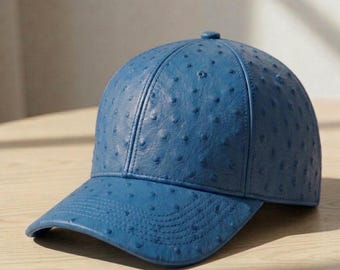 Handgefertigte Blaue Straußenleder Kappe l Luxus geprägte Leder Unisex Caps Lederkappe herren