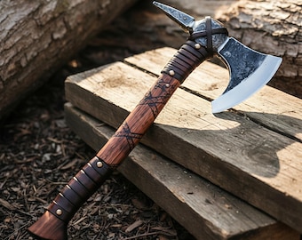 Handmade Tomahawk Axe Double Head Camping Hatchet Leather Wrapped Handle