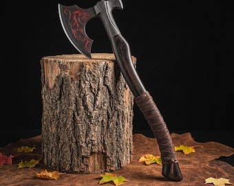Handmade Engraved Carbon Steel Axe, Norse Inspired Hatchet, Handcrafted Wooden Handle, Artisan Collector Display