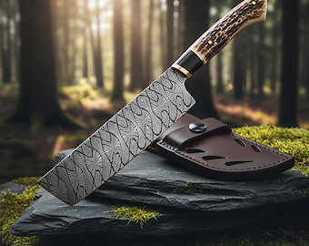 Handgjord Damaskus-klyv med hjorthandtag l Buahcraft & Outdoor Cleaver