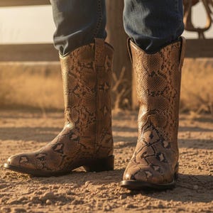 May include: A pair of brown cowboy boots with a snakeskin pattern. The boots are tall, reaching mid-calf, with a pointed toe and a stacked heel. The boots are worn with blue jeans.