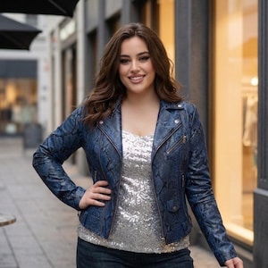 Jaqueta feminina azul de couro com estampa de cobra feita à mão | Casaco de couro de píton sob medida