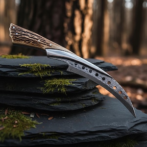 May include: A curved knife with a patterned blade and a handle made of bone and metal. The blade has a series of circular cutouts and a pointed tip. The knife is displayed on a dark, textured surface with moss.