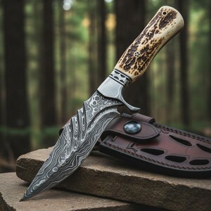 May include: A Damascus steel hunting knife with a bone handle and a leather sheath. The blade has a unique pattern, and the handle is adorned with decorative metal accents. The knife rests on a stone surface, with a blurred forest background.