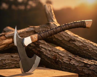 Hacha de camping estilo vikingo hecha a mano con forro de cuero