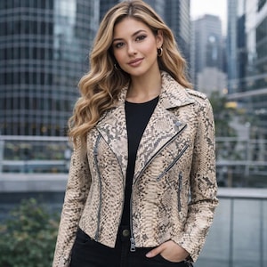 May include: A beige and brown snakeskin-patterned jacket with a black shirt and black pants. The jacket has a notched collar, asymmetrical zipper closure, and multiple zippered pockets. The background features a blurred cityscape.