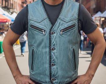 Mens Blue Leather Biker Vest Genuine Cowhide Handmade Motorcycle Riding Vest Western Style