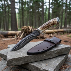 Puede incluir: Un cuchillo de caza con una hoja estampada y un mango de asta. El cuchillo se muestra con una funda de cuero marrón sobre una superficie de piedra, con un fondo de bosque.