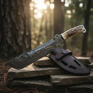May include: A Damascus steel hunting knife with a patterned blade and antler handle rests on a stone surface. The knife is accompanied by a brown leather sheath. The background features a blurred forest scene.