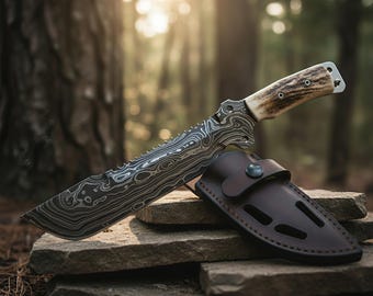 Handgjord bowie-kniv i damaskusstål med handtag av hjorthorn | Fulltånge Bushcraft-jaktknivar