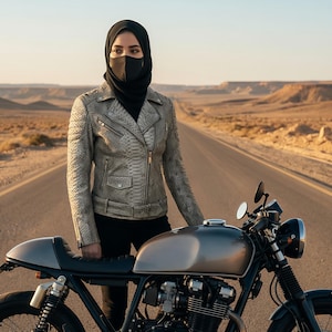 Pode incluir: Uma motocicleta prateada e cinza com um assento e guidão pretos em uma estrada deserta. Uma pessoa usando um hijab preto, máscara preta, calças pretas e uma jaqueta prateada com estampa de pele de cobra está parada perto da motocicleta.