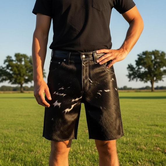 Men's Cowhide Leather Shorts Black Hair on Hide Handmade Biker Shorts Gift for him