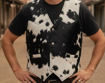 Handmade Cowhide Leather Vest | Hair-on-Hide for Men's Vest Genuine Western Rodeo Style