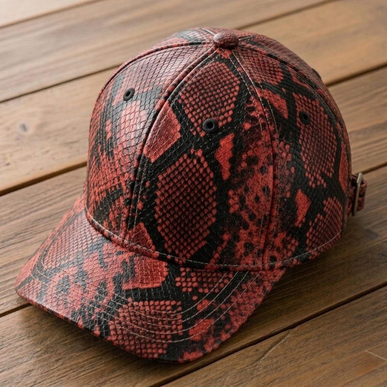 K&ouml;nnte beinhalten: Eine Baseballkappe mit einem rot-schwarzen Schlangenhautmuster. Die Kappe hat eine strukturierte Krone mit schwarzen &Ouml;sen, einen gebogenen Schirm und einen verstellbaren Metall-Schnallenriemen auf der R&uuml;ckseite. Die Oberfl&auml;che imitiert Reptilienschuppen.