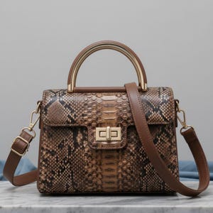 Könnte beinhalten: Eine braune und beige Handtasche mit Schlangenmuster, goldfarbenem Griff und Verschluss. Die Tasche hat einen abnehmbaren braunen Schulterriemen und goldfarbene Beschläge. Die Tasche steht auf einer Marmoroberfläche.