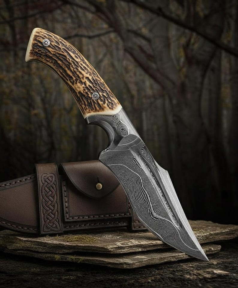 May include: A hunting knife with a patterned steel blade and a handle made of textured brown material. The knife is accompanied by a brown leather sheath with a Celtic knot design. The blade has a sharp point and a curved edge.