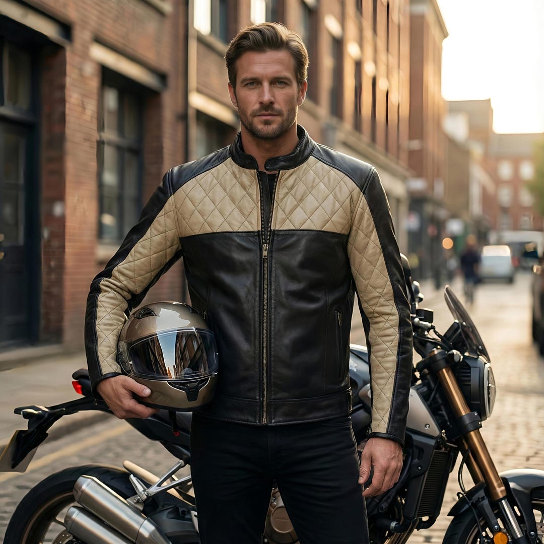 Handmade Quilted Leather Cafe Racer Jacket L Sports Racer Coat ...